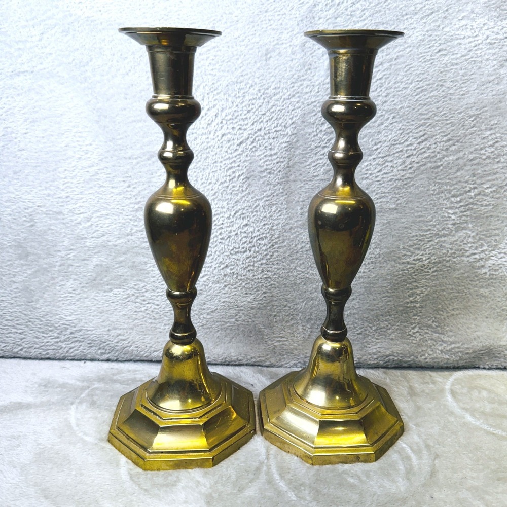 Vtg. Brass Candlesticks Pair 12 Inch Altar Hexagon Base Baluster Stem India Gold